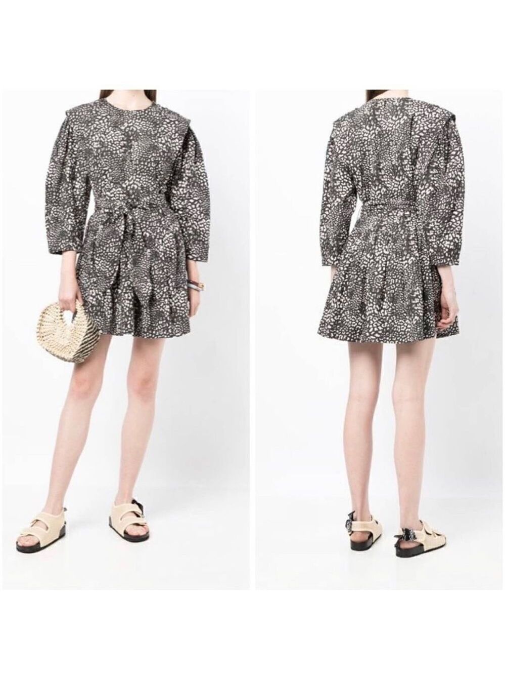 Sea New York Calla Dotted Print Belted Puff Sleeve Fit and Flare Dress